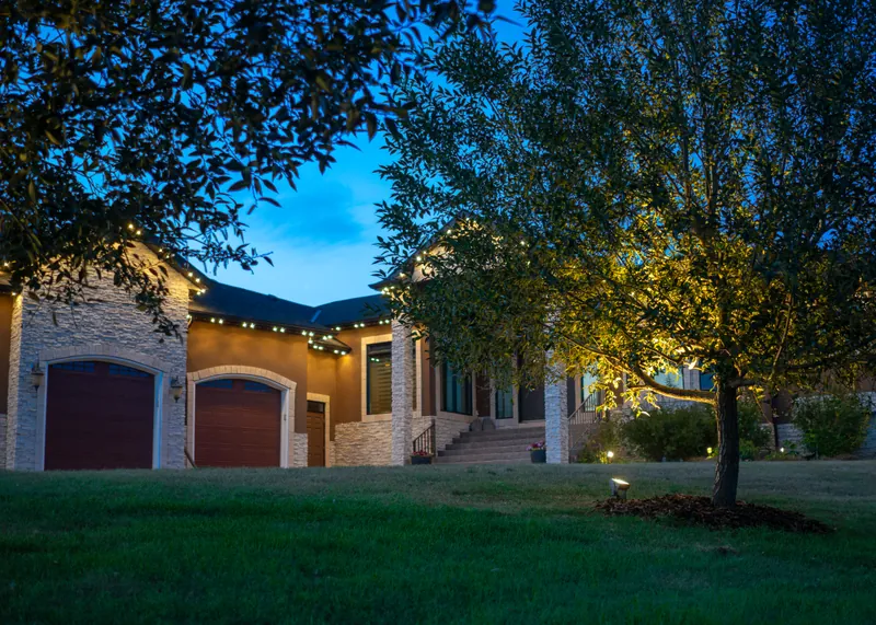 Landscape uplighting on a tree beside a warmly lit garage