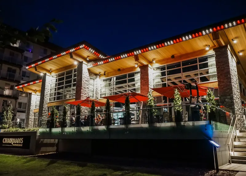 Red and white accents over a restaurant patio