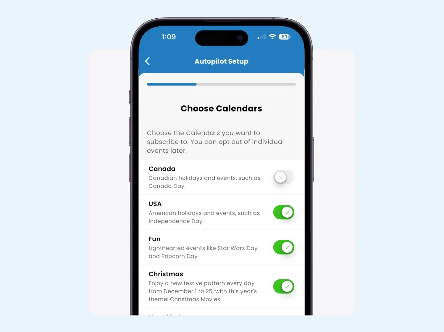 Autopilot setup screen in the Gemstone Lights app with holiday calendars switched on