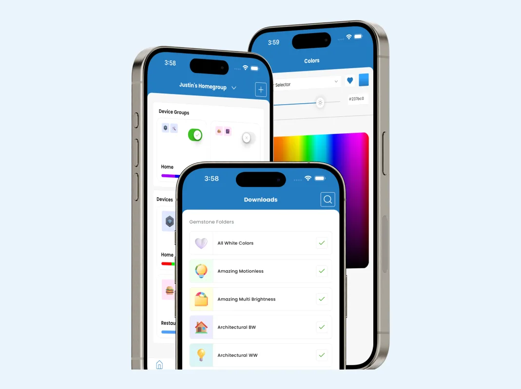 Two phones showing the Gemstone Lights app homegroup and color screens