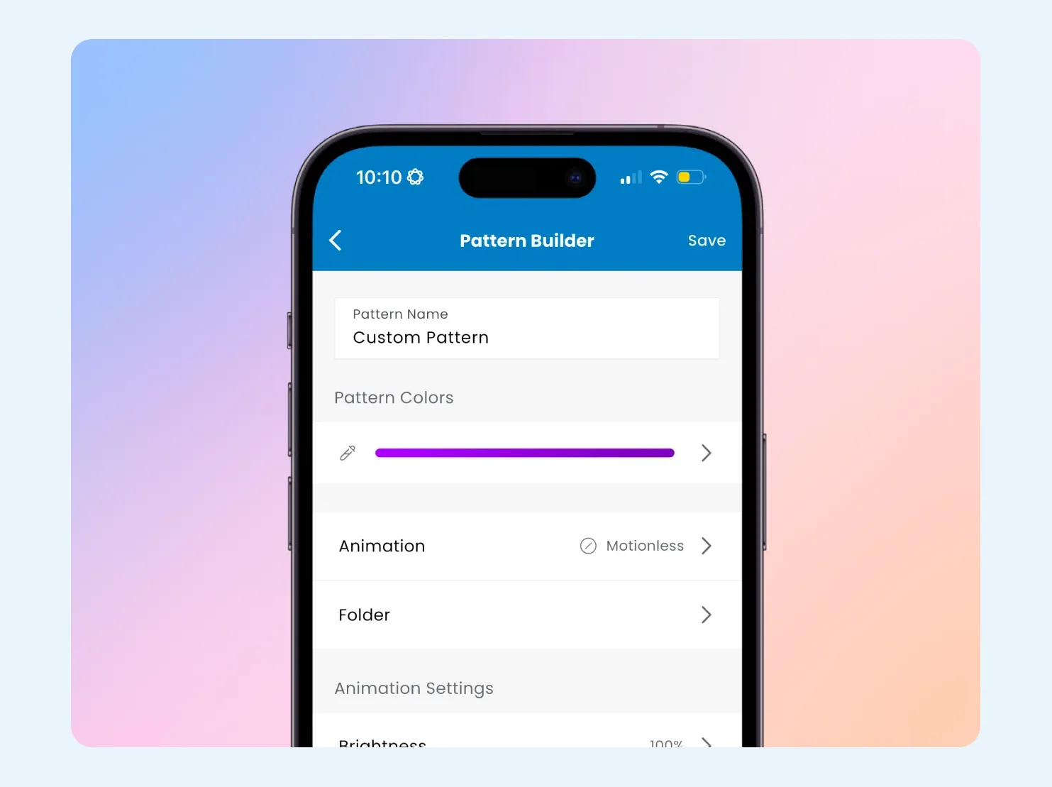 Pattern Builder screen in the Gemstone Lights app with color and animation settings