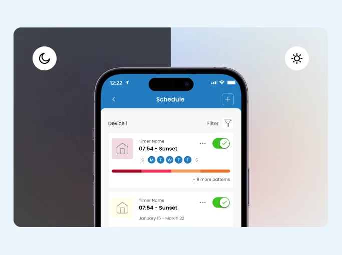 Sunrise and sunset timer screens from the Gemstone Lights app in light and dark mode