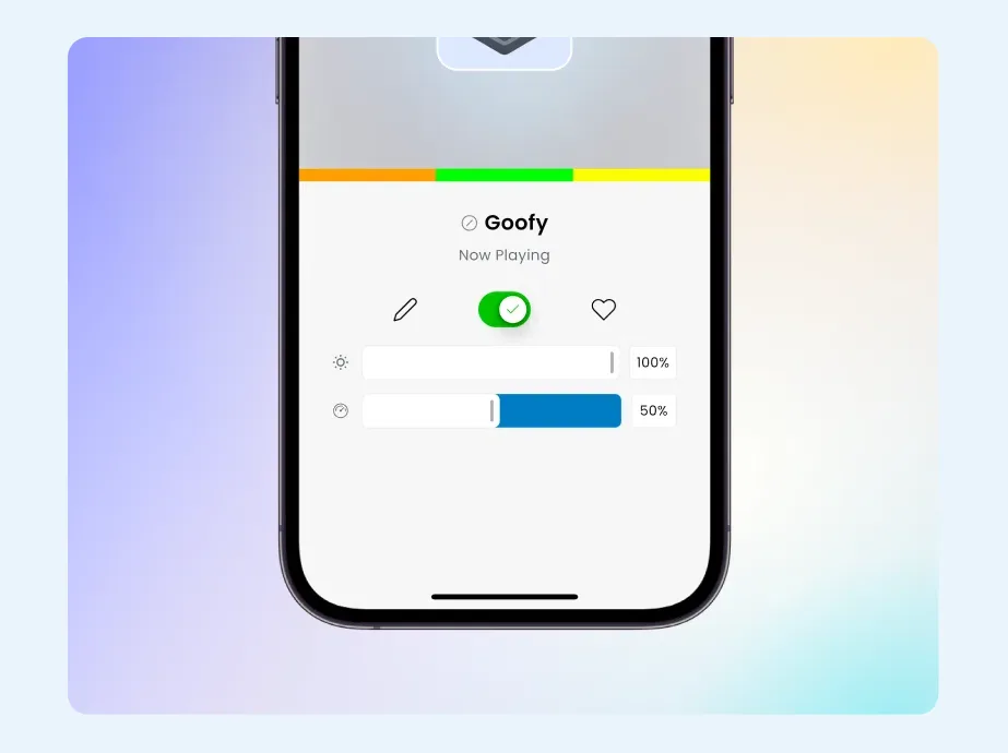 Now Playing screen in the Gemstone Lights app with a pattern switched on and brightness sliders