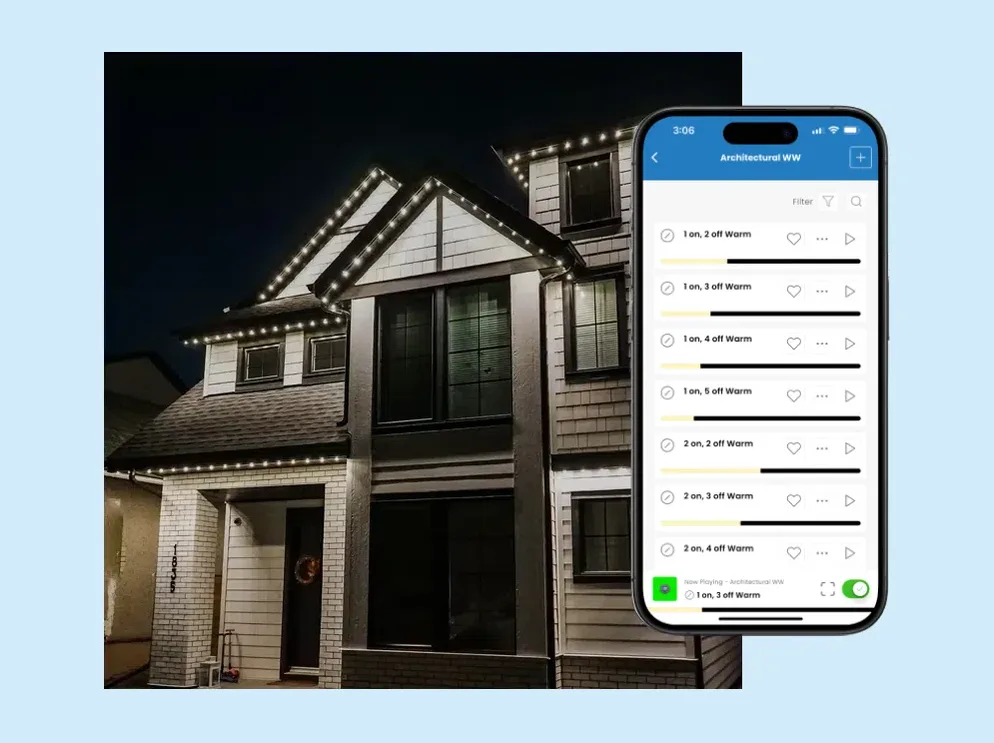 Home with warm white roofline lights beside a phone showing the architectural warm white pattern folder