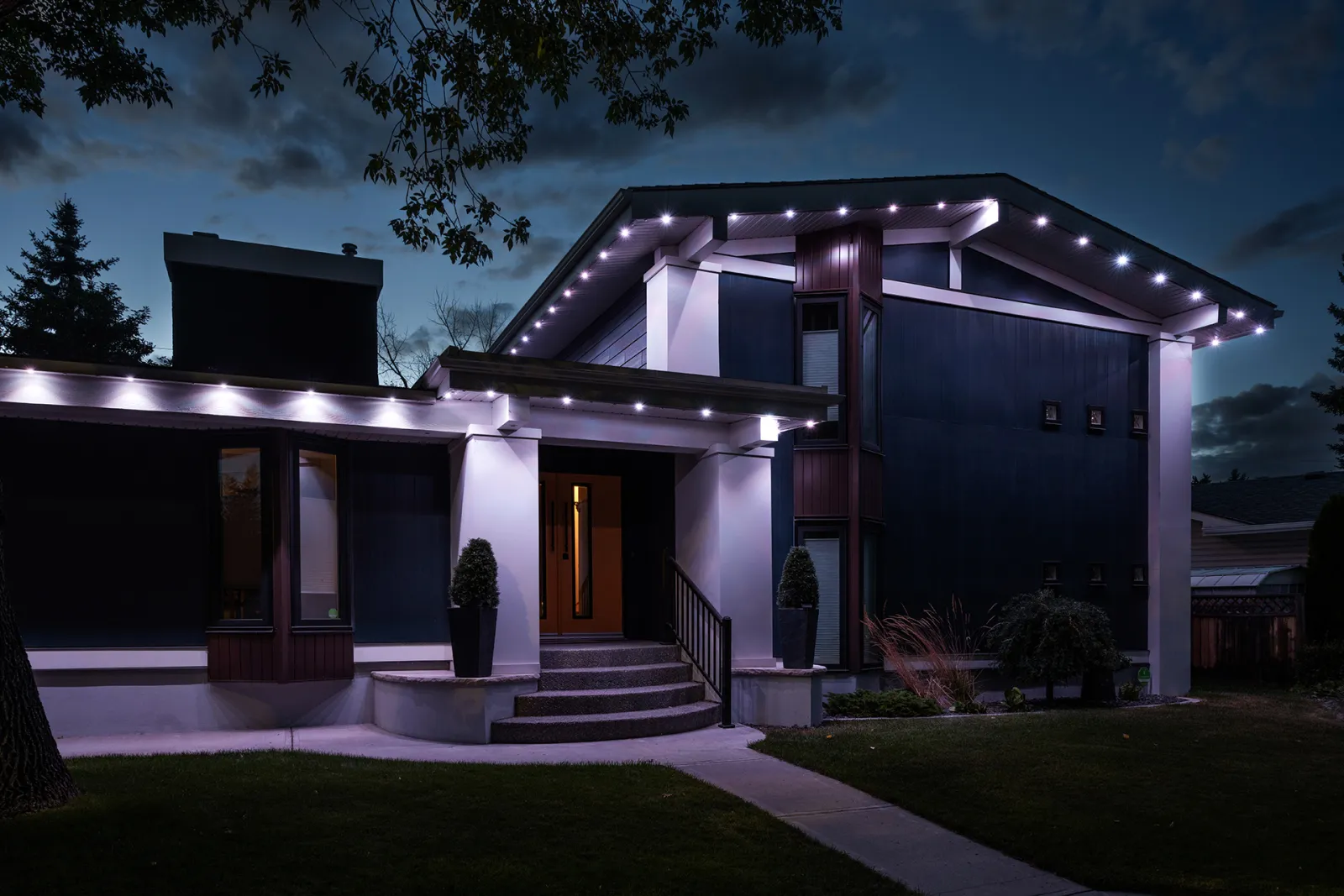 Modern home lit in bright white